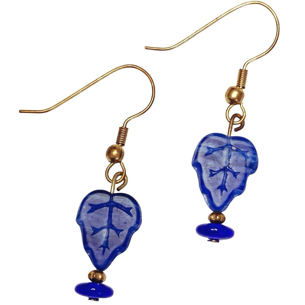 Colbalt Blue Glass Leaf Dangle Earrings Cute Boho Botanical Gold Tone Hooks